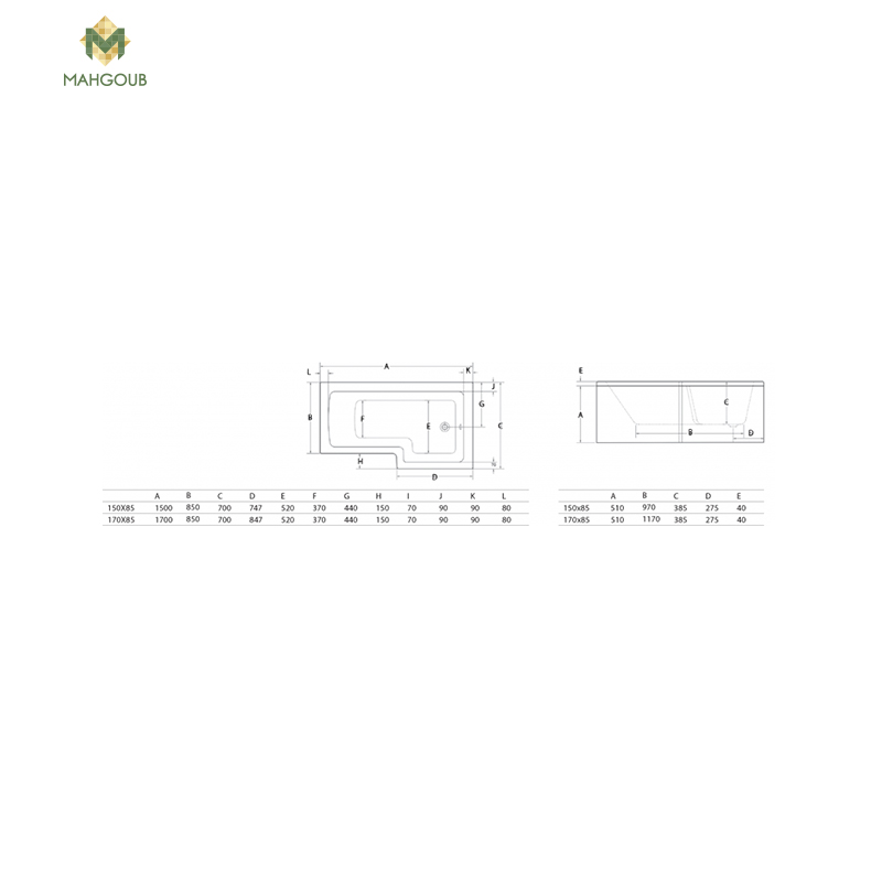 Bathtub duravit echo right 170x85 cm without side panel white image number 1