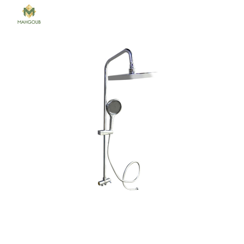 Shower rail ukinox  with a circular shower head and hand and soap holder and copper adabter chrome x black