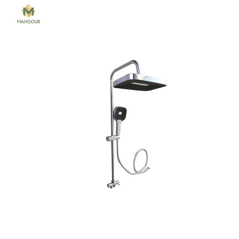 Shower rail ukinox  with a semi rectangular shower head and hand and soap holder and copper adabter chrome x black