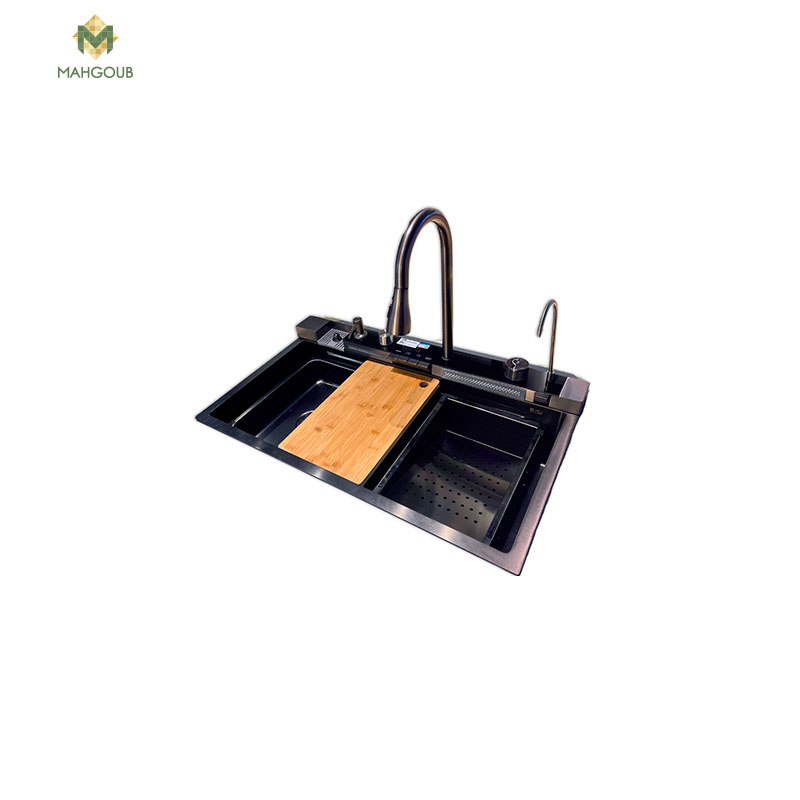 Kitchen sink purity with a mixer a waterfall 2 strainers a cutting board a cup sink an soap dispenser and a digital filter faucet. 48x80 cm black psm800bl