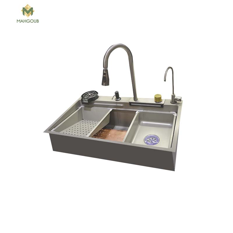 Stainless Steel Kitchen Sink 45 X 75 Cm Water Mixer with Waterfall Feature 2 Water Filters Cutting Board and Cup Washer Chrome X Grey 8046