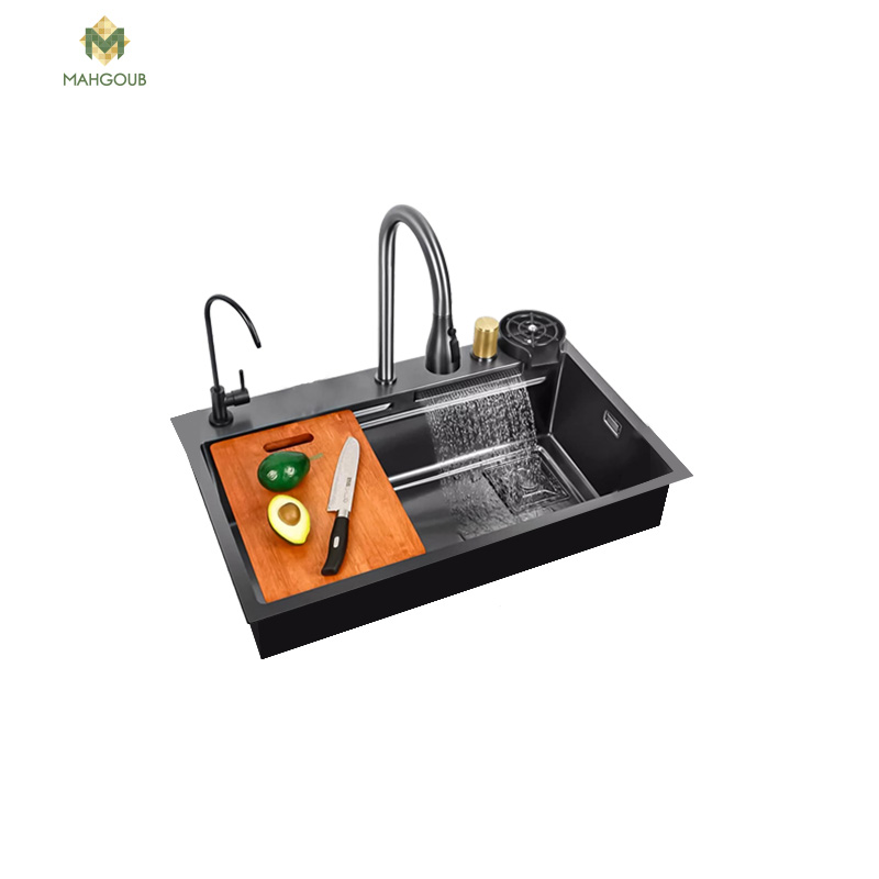 Stainless steel kitchen sink purity 48x85 cm with a mixer and waterfall and 2 strainers and a cutting board and a cup sink and and a filter faucet chrome x black psm850bl image number 0