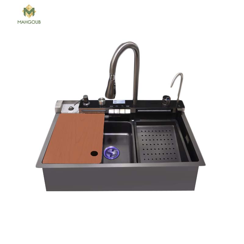 Kitchen Sink SMART 45x75 cm With a mixer and 2 waterfalls and a filter and 2 strainers and a cutting board and a sink for liquid soap and soap cups and a digital screen Black 7546S image number 0
