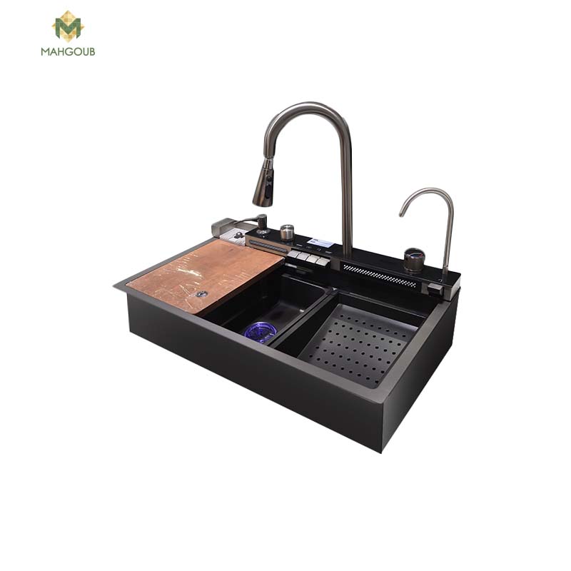 Kitchen Sink SMART 46x75 cm With a mixer and 2 waterfalls and 2 strainers and a cutting board and a digital filter faucet Black 7546B