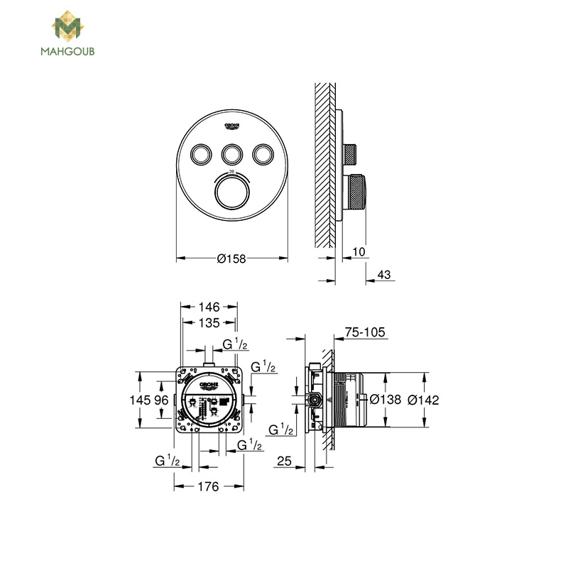 خلاط بانيو دفن جروهي سمارت كنترول - دائرى 3مخرج بالجسم ذهبي لامع 29121gl0+35600000 image number 1