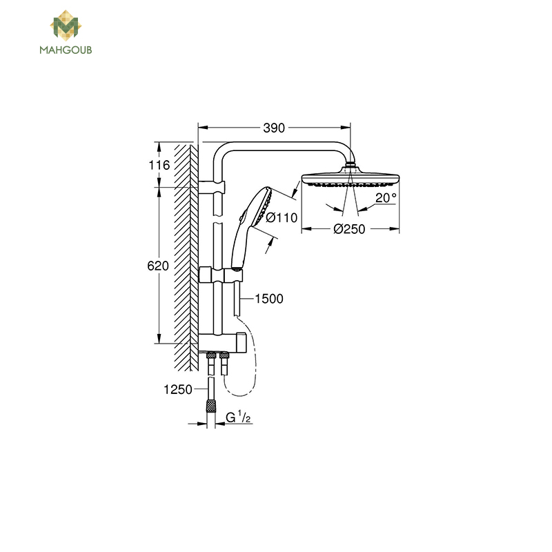 Shower bar grohe tempesta 25 cm square platter, 3-speed shower hand 150 cm hose, approximately 62 cm shaft 62 cm black matt 269802431 image number 1