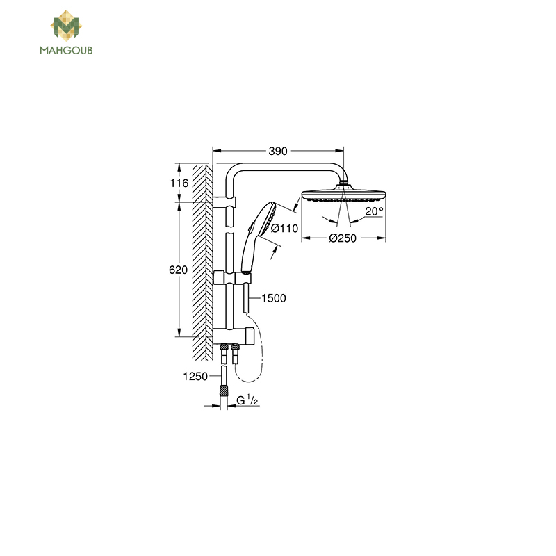 Shower bar grohe tempesta 3-speed, 150 cm hose 62 cm chrome x white 26980001 image number 1