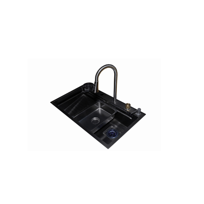 Kitchen Sink PURITY mixer, waterfall, 2 strainers, cutting board, cup sink, and liquid soap dispenser. 48 x 75 cm CHROME x BLACK PSM750BL